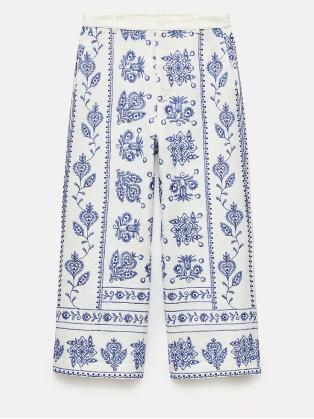 NWT Zara Cream Cropped Pants with Blue Floral Embroidery